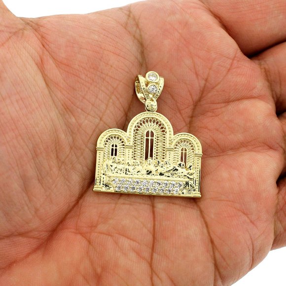 Real 10K Yellow Gold Diamond Cut Jesus Last Supper Charm Pendant - Picture 4 of 10